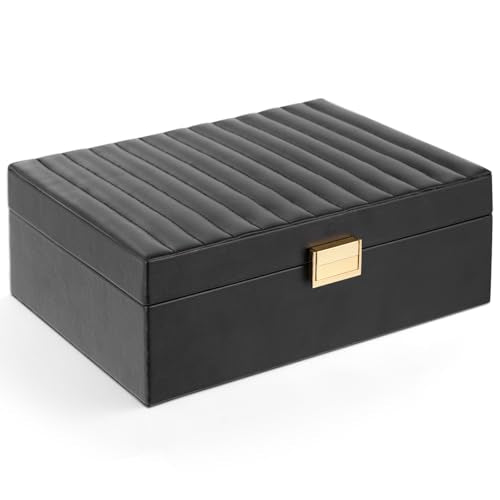 Gifturbo Jewelry Boxes for Women, Black 2-Layer Jewelry Organizer Box with Removable Tray, PU Leather Jewelry Storage Girls, Modern Style for Rings Earrings Necklace Bracelets, Gift Idea - color: Black-02