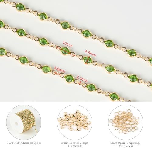 KYUNHOO 16.4ft Jewelry Chain for Crafts Making, Green Glass Bead Necklace Chains Bulk for Women with Jump Rings and Lobster Clasps Jewelry Findings - color: Green Bead-Gold