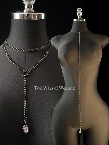 Heart Slip Chain Necklace for Women, 39 Inch Cuban Chain, Removable Heart O-Ring, Crystal Pendant, Adjustable Stainless Steel Y-Necklace - color: Black-Purple