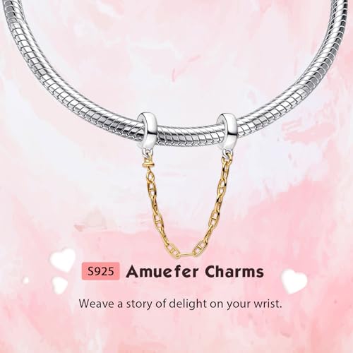 S925 Bead Dangle Charms for Bracelets Necklaces, Compatible with Pandora - style: Two Pig Nose Safety Chain 14K Gold Plated
