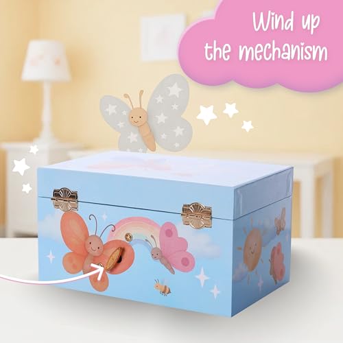 The Memory Building Co Butterfly Musical Jewelry Box Plays Classic Melody, Storage Organizer Music Box for Kids Ages 6-12, MDF Wood w/ 2 Fabric Lined Ring Bracelet Necklace Treasure Compartments - style: Butterfly
