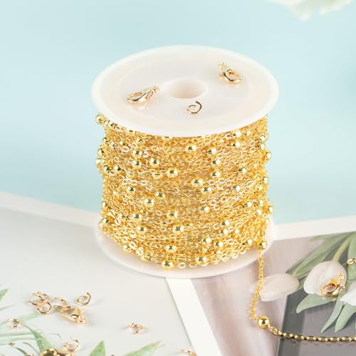 YOUBEIYEE 32.8 Feet Satellite Bead Chain for Jewelry Making 18K Gold Plated Brass Cross Chain Link Jewelry Chain Roll with Jump Rings and Lobster Clasps - color: Bead