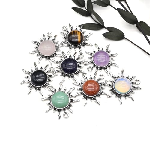 LHJ 10 Pcs Healing Crystal Pendants Sun Shining Shape Natural Gemstone Vintage Charms for Jewelry Making Necklace Gift