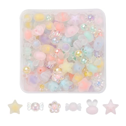 100Pcs Cute Frosted Acrylic Beads Transparent Candy Flower Star Rabbit Loose Spacer Beads for Jewelry Making DIY Bracelets Necklaces Earrings Craft Gift - color: 6 Shapes-100 pcs