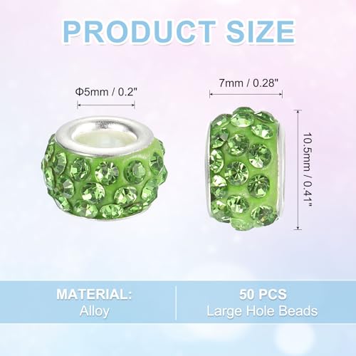 uxcell 50Pcs European Large Hole Beads, Rhinestone Craft Bead Crystal Charm Spacer Beads for Pens Bracelet Making Necklace DIY Craft, Light Green - color: Light Green