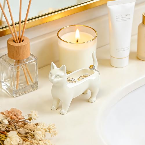 PUDDING CABIN Minimalist Ceramic Cat Ring Holder - Elegant White Jewelry Tray for Rings, Earrings & Necklaces, Unique Cat Lover Gifts for Women, Mom, Bestie, Cute Home Decor for Vanity & Nightstand - style: Siamese Jewelry Holder