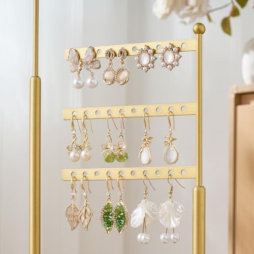 pickpiff Jewelry Organizer Holder Stand: 3 Tier Jewelry Storage Display for Necklace, Bracelet, Earring, Ring, White & Gold - color: gold & white