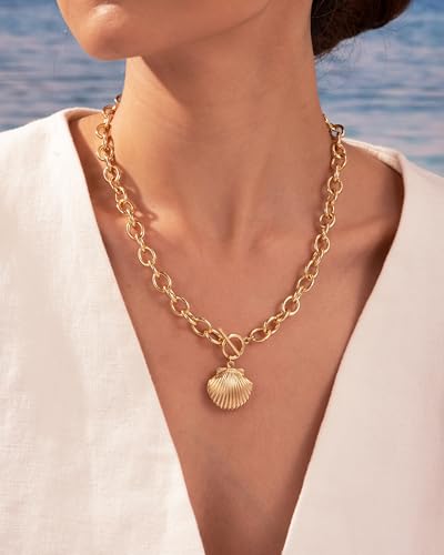 CHESKY 14K Gold Plated Chunky Necklace for Women, Trendy Paperclip Chain Necklace Thick Cross Heart Pendant Necklace Layered Herringbone Cuban Link Chain Toggle Necklaces Non Tarnish Jewelry - color: gold, style: shell