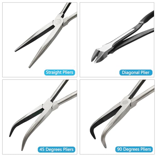 4-Piece 11" Extra Long Needle Nose Pliers Set with Insulated Comfort Grip, Straight Long Reach, 45/90°Bent Nose & Diagonal Pliers for Bending, Shaping & Trimming in Narrow Spaces - size: 4Pcs-Straight/45/90
