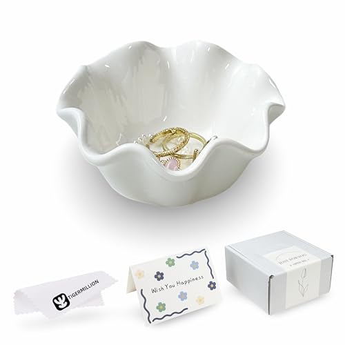 White Flower Jewelry Dish Tray, 3.85″ Lotus Ceramic Ring Holder, Cute Vanity Organizer Nightstand Bathroom Decor, Trinket Plate Dish Christmas Valentine's Mother's Day Birthday Gifts for Women (Plain) - style: Plain