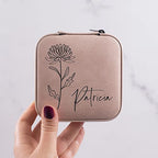 Custom Leather Jewelry Box w/Name & Birth Flower Month - Birthday Gifts for Women, Personalized Jewelry Travel Case - Customized Jewelry Organizer Box, Mom Birthday Gifts - Chestnut - color: Chestnut