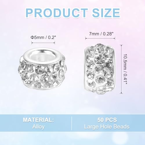 uxcell 50Pcs European Large Hole Beads, Rhinestone Craft Bead Crystal Charm Spacer Beads for Pens Bracelet Making Necklace DIY Craft, White - color: White