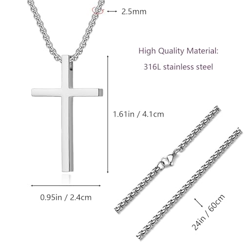 Tuefuzy Cross Necklace for Men, Silver Cross Stainless Steel Pendant Necklace, Mens Cross Chain - size: 24in