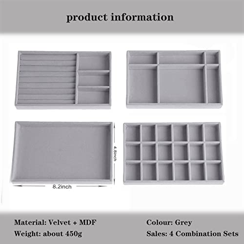 Velvet Drawer Jewelry Organizer Tray, Small Flat Jewelry Organizer for Drawer, Dresser Stacking Display Inserts for Jewelry Accessories in Dresser, Grey Set of 4