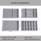 Velvet Drawer Jewelry Organizer Tray, Small Flat Jewelry Organizer for Drawer, Dresser Stacking Display Inserts for Jewelry Accessories in Dresser, Grey Set of 4