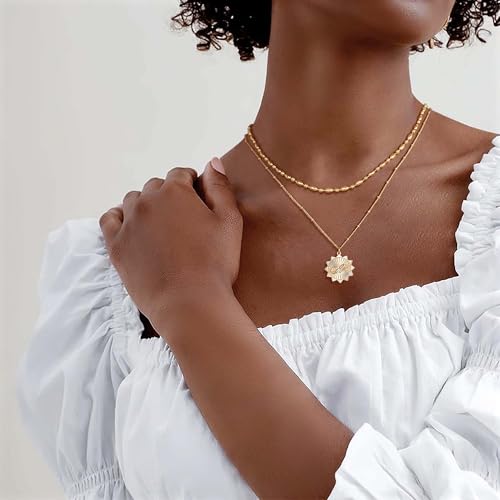 Dremmy Studios Dainty Gold Choker Necklace for Women 14K Gold Plated Coin Disc Figaro Layered Beaded Flat Mariner Sideways Cross Wishbone Link Clavicle Necklaces - style: 3.0mm Beaded Chain