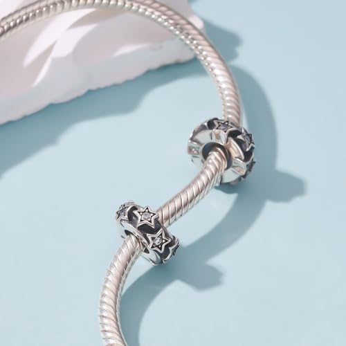 925 Sterling Silver Spacer Charm Bead with Clear CZ for Pandora Charms Bracelets - color: Star Stopper Beads