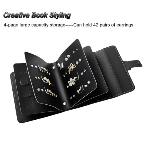 LAKE OF FIRE Earring Holder Organizer with Foldable Book Design Book Organizer, Portable Pu Leather Travel Earring Case (Black) - color: Black
