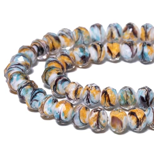 7.5×10mm 50pcs Yellow Blue Black Stripe Faceted Lampwork Glass Beads for Jewelry Making, Flat Round Handmade Murano Beads for Bracelets, Crafts, Friendship Bracelet Kit, Rosary Making - color: Yellow Blue Black Stripe
