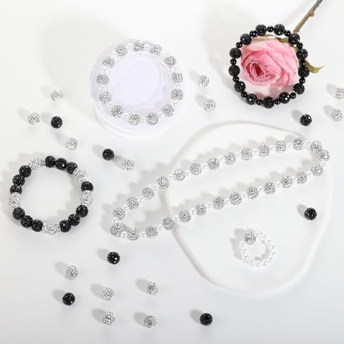 320pcs Rhinestone Beads for Jewelry Making, 10mm Black and White Beads Disco Ball Chunky Crystal Bead, Rhinestone Bubblegum Round Bead for DIY Bracelets Necklace Earring Supplies - color: black and white