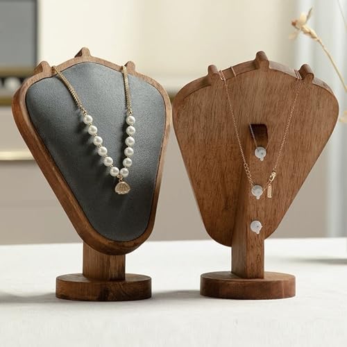 TANG SONG 8.27" Walnut Wooden Base Leather Soft Mat Necklace Display Stand Jewelry Organizer Holder (Walnut-Gray) - color: Walnut -Gray