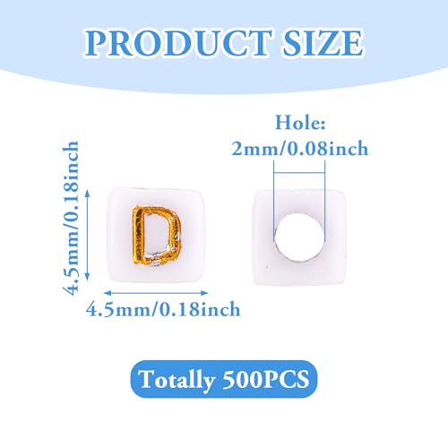 FASHEWELRY 500Pcs White Golden Letter Beads 4.5mm Square Alphabet Beads Acrylic Cube Letter D Beads for Friendship Bracelet Necklace Keychains Jewelry Making - color: Letter D