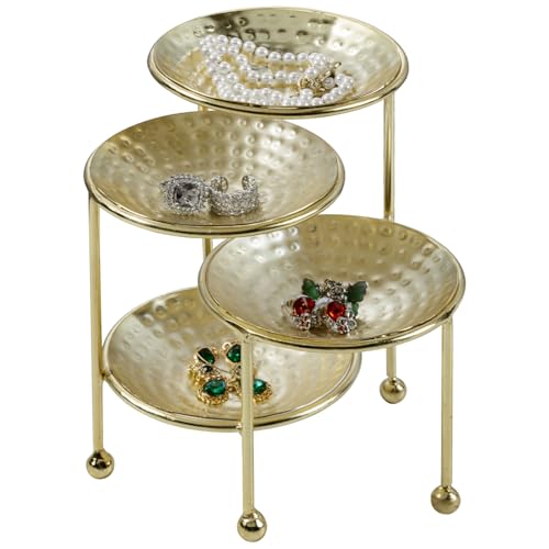MyGift 4 Tier Jewelry Dish Organizer - Hammered Brass Plated Metal Ring Tray, Decorative Earring, Necklace, Bracelet Storage Display Tower - Handcrafted in India - color: Brass, 4 Tier