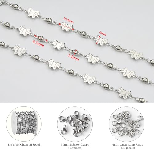 KYUNHOO Stainless Steel Beaded Chains Bulk on Roll 13 Feet Embossed Butterfly Necklace Bracelelt Jewelry Making Chain with Lobster Clasps Jump Rings - color: Butterfly Steel