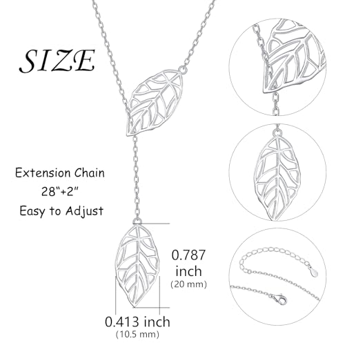 Long Necklace Sterling Silver Larait Bar Y Lariat Long Chain Drop Adjustable Necklace Gift for Her, 30" - style: Long Leaf Lariat Necklace