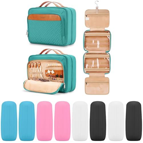 Travel Hanging Toiletry Bag for Women, Large Makeup Bag 8 Leak Proofing Silicone Bottle Covers, Waterproof Cosmetic Bag with Jewelry Organizer Compartment, Toiletries Kit Set, Blue - color: Blue, size: Large*1 + Leak Proofing Bottle Covers*8