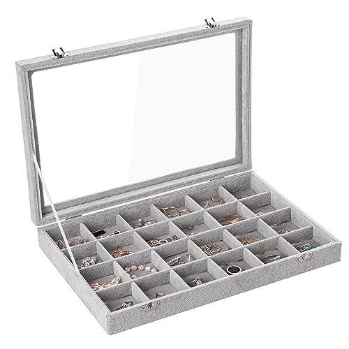 Frebeauty Velvet Jewelry Tray,24 Grid Jewelry Organizer with Clear Lid,Earring Holder Organizer with Clasp,Drawer Insert Rings Pendants Brooches,13.8 x 9.5 x 2 Inches,Gift for Women Girls(Grey) - color: Grey, size: 24 Grid