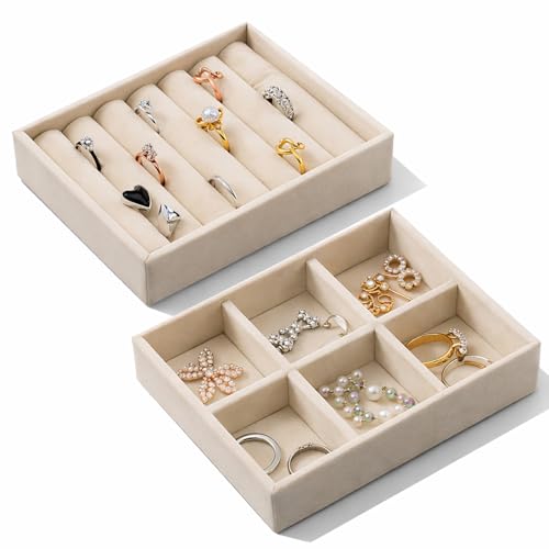Velvet Jewelry Organizer Small Jewelry Tray Set Box Stackable Velvet Organizer Tray Drawer Inserts Ring Box Flat Stacking Trays Display Case for Earrings Rings Necklaces (Set 2,Beige)