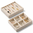 Velvet Jewelry Organizer Small Jewelry Tray Set Box Stackable Velvet Organizer Tray Drawer Inserts Ring Box Flat Stacking Trays Display Case for Earrings Rings Necklaces (Set 2,Beige)