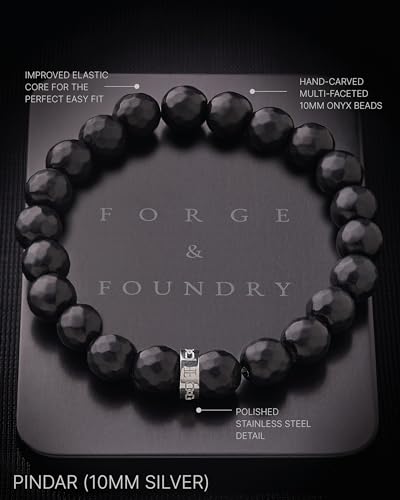 Forge & Foundry Faceted Matte Black Onyx Stone Beaded Bracelet | Custom Signature Stainless Steel Bead | ‘Pindar’ | 8mm and 10mm Bead Desgins | Refined Hand-Crafted Jewelry - color: Black, size: Medium