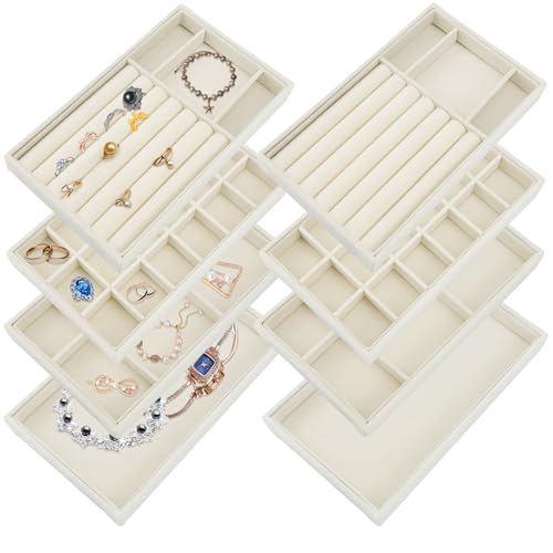 8 Pack Jewelry Organizer for Drawer, Necklace Velvet Storage Display Tray, Stackable Insert Divided Holder for Bracelet Rings Earring Brooch Watch, Beige 4 Styles - style: Modern