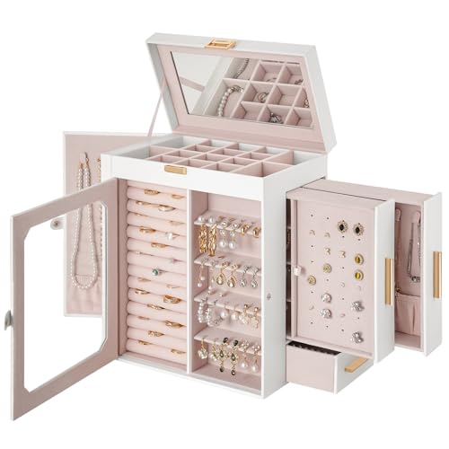 HOOBRO Jewelry Box with Mirror, Travel Jewelry Organizer with Glass Window, Jewelry Storage Case, Vertical Storage, Gift for Loved Ones, for Earrings, Rings, Necklaces, Bracelets, White WT03JB04G2 - color: White + Gold