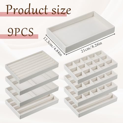 9 Set Velvet Jewelry Drawer Organizer Inserts, Stackable Jewelry Organizer Trays with Removable Dividers, Jewelrys Storage Display Tray, for Earring Ring Necklace Watch Bracelet, Beige