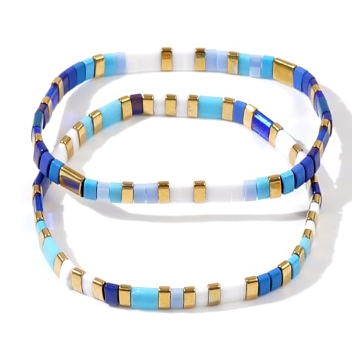 Tila Flat Beaded Bracelet for Women,Bohemian Colorful Stretch Square Glass Bead Elastic Layred Bracelet Stack, Handmade Boho Trendy Holiday Jewelry Accessories Friendship Gift - color: Blue