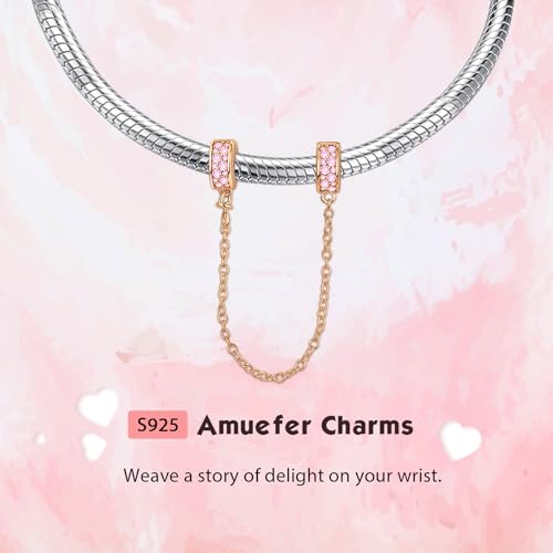 S925 Bead Dangle Charms for Bracelets Necklaces, Compatible with Pandora - style: Pink Pave Clips Safety Chain 14K Rose Gold Plated