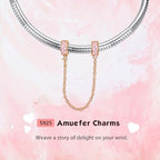 S925 Bead Dangle Charms for Bracelets Necklaces, Compatible with Pandora - style: Pink Pave Clips Safety Chain 14K Rose Gold Plated