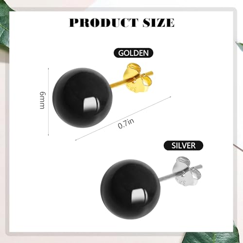 Jade Green Stud Earrings, Natural Round Beaded Agate Emerald Garnet Obsidian Gemstone Ear Studs Ball Jade Jewelry Gift, Green 8mm - color: black-6mm