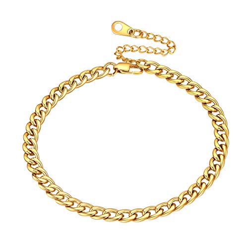 U7 Women Girls Barefoot Jewelry 18K Gold or Rose Gold Stainless Steel Heart/Rope/Figaro/Cuban Chain Anklet Foot Bracelet, 25-30 CM Long - color: Gold Plated-5mm-Curb Chain