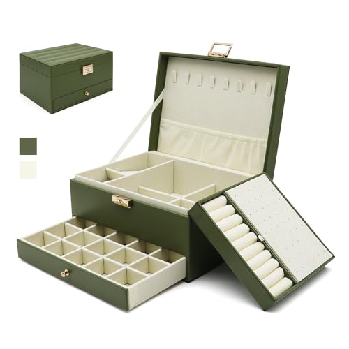 Jewelry Organizer Box, Jewelry Box Organizers for Women Girls, 3 Layers Large Leather Jewels Storage Case for Earring, Rings, Necklaces Bracelets, Big and Small Jewellery, Watch, Gift (OliveGreen) - color: Olive Green