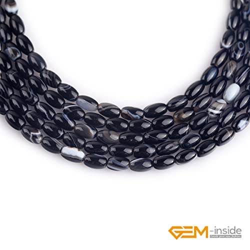 GEM-Inside 4x6mm Natural Black Botswana Onyx Agate Stone Semi Precious Rice Olive Oval Chakras Beads for Jewelry Making DIY Handmade Craft Supplies 15" - size: Black-4x6mm
