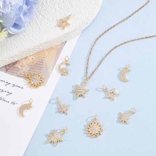 Brass 18k Gold Plated Charms Brass Pave Cubic Zirconia Charms Real 18k Gold Plated Charm Assorted Crystal Sun Star Moon Charm for Bracelet Earring Jewelry Making - size: 13mm