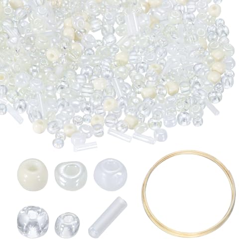 uxcell 1Set Glass Seed Beads, 1.5-4.5mm Small Embroidery Bugle Beads Assorted Tube Bead Loose Kit for Jewelry Making DIY Craft Beading Bracelets Necklace Earring (Beige) - color: Beige