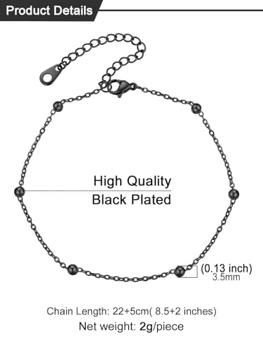 U7 Women Girls Barefoot Jewelry 18K Gold or Rose Gold Stainless Steel Heart/Rope/Figaro/Cuban Chain Anklet Foot Bracelet, 25-30 CM Long - color: Black-Bead Chain