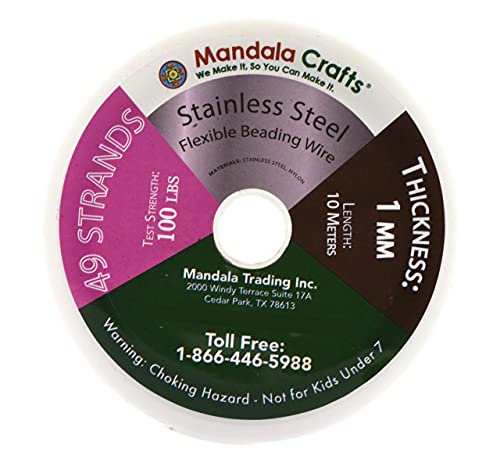Mandala Crafts 49 Strand Beading Wire for Jewelry Making - 32 FT 18 Gauge Stainless Steel Braided Tiger Tail Wire for Bead Stringing - size: 49 Strands 18 Gauge 1MM 32FT