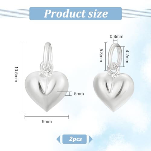 PH PandaHall 2pcs 925 Sterling Silver Charms Puffed Heart Pendants 3D Heart Dangle Pendant for Women Necklace Bracelet Jewelry Making DIY Crafts Mother's Day, 4.2mm Hole - size: 10.5x9x5mm