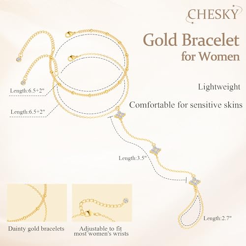 CHESKY 14K Gold Plated Hand Chain Bracelets for Women Set - Dainty Finger Ring Bracelet Stack Adjustable Hand Chains Durable Beaded Bracelets Trendy Simple Body Jewelry Gift for Women - style: 2clover bracelet-gd